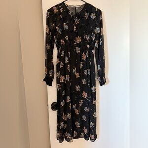 Zara Black Floral Long Sleeve Midi Dress with Blue & Pink Accents